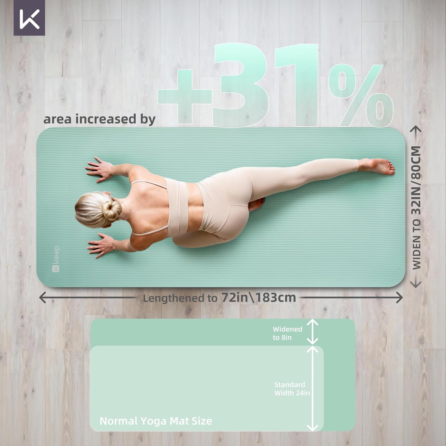 KEEP Extra Thick NBR Yoga Mat for Women & Men, 10mm Thick, 72”x32” Large Exercise Mat with Non-Slip Workout Mat for Yoga, Pilates, Stretching, Meditation – Wide & Cushioned Fitness Mat, Green