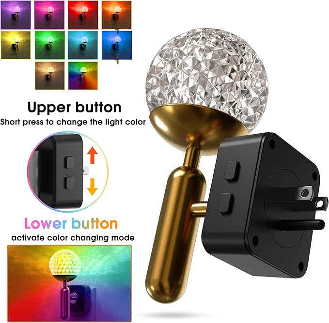 L LOHAS LED Night Lights Plug into Wall,Color Changing Night Light with Rotatable Plug,Crystal Ball Metal Rod,Dusk to Dawn Sensor Nightlight for Bathroom Kids Adults