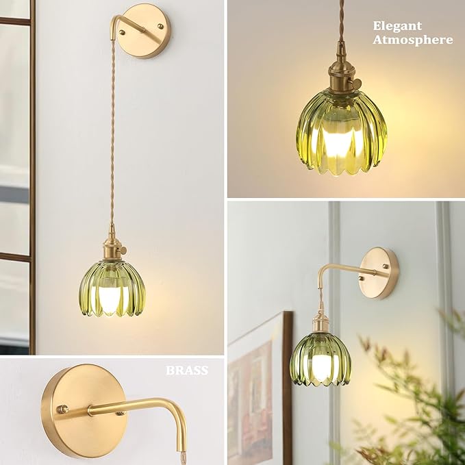 Battery Operated Wall Sconce with Green Tulip Shade Pattern Glass Adjustable Chain Retro Gold Wall Mounted Light, Modern Wall Decor for Bedside Bedroom Indoor Doorway， Set of 2