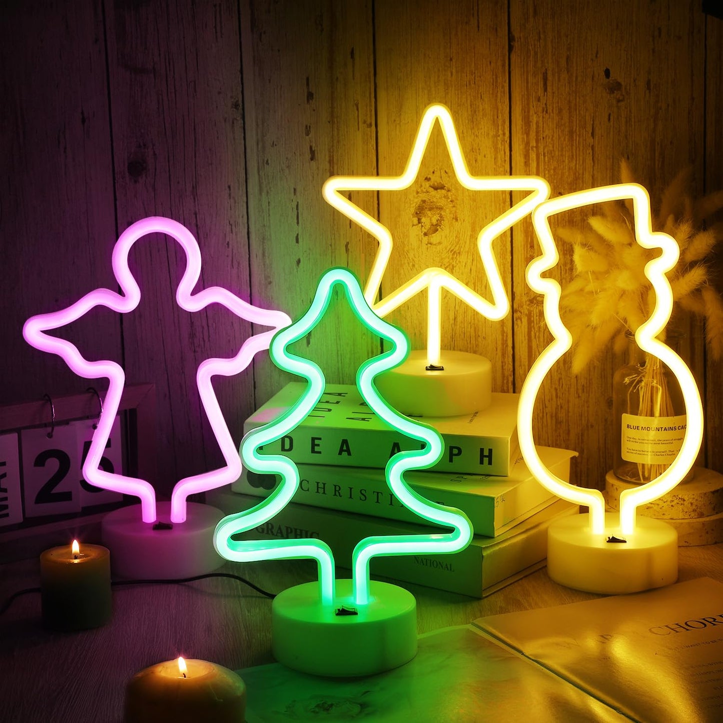 Baquler 4 Pcs Christmas Neon Light Tabletop LED Neon Sign with Holder Base Snowman Light up Night Lights Battery or USB Powered Holiday Decorations for Bedroom Party Supplies