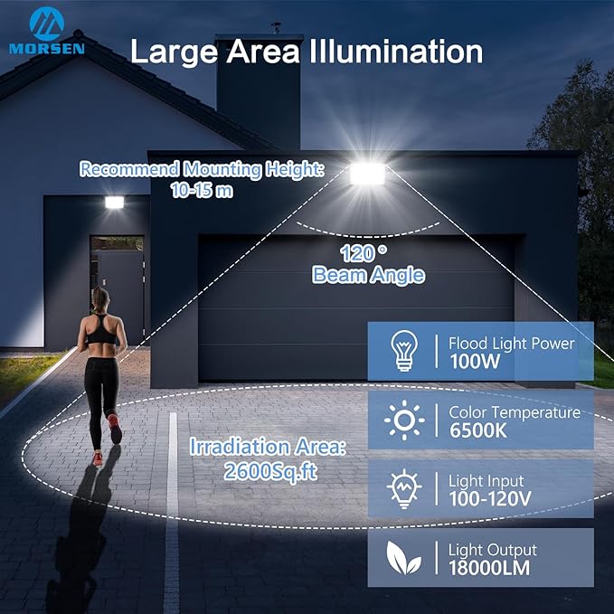 MORSEN 100W Flood Lights Outdoor, 18000lm Bright LED Work Light with Plug, 6500K Daylight White LED Flood Lighting, IP66 Waterproof Security Yard Lights for Yard Garage Stadium 2 Pack