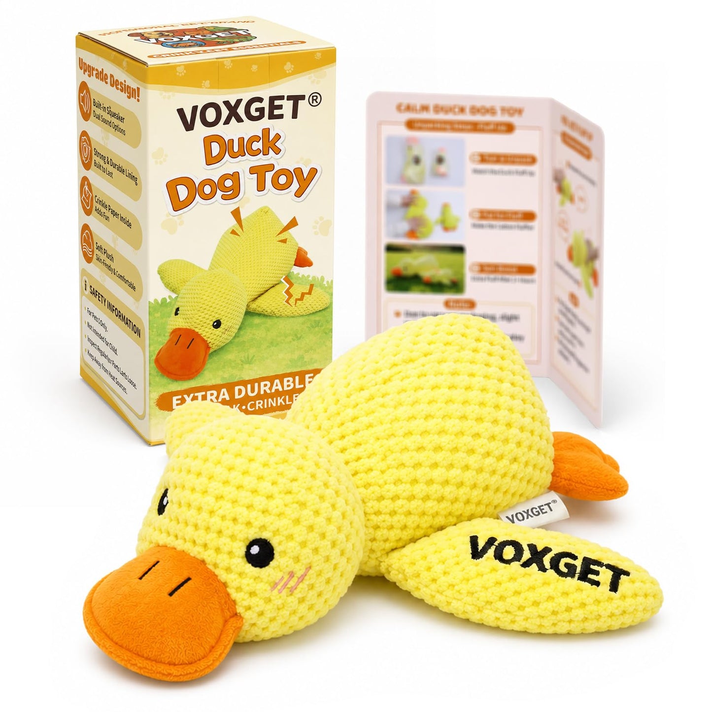 VOXGET Calming Duck Toy for Dogs, 2026 New Interactive Crinkle Toy with Quack Sound for Dogs Teeth, Soft Stuffed Plush Mellow Calming Duck Pillow for Puppy Keep Busy -Yellow, 9"x6"(S)