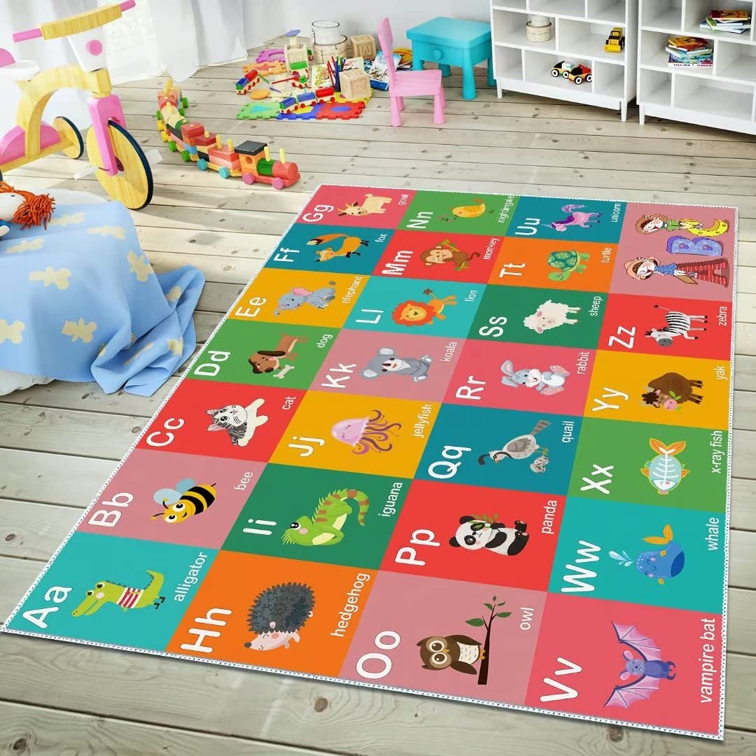ABC Alphabet Education Rug, Kids Fun Game Carpet Children's Room, Playroom, Classroom, Non-Slip Washable Crawl Floor Mat (Animal 47x71in)