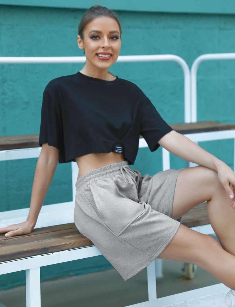 Women Bermuda Shorts Casual Summer Cotton Lounge Knee Length Comfy Drawstring Sweat Shorts Grey M
