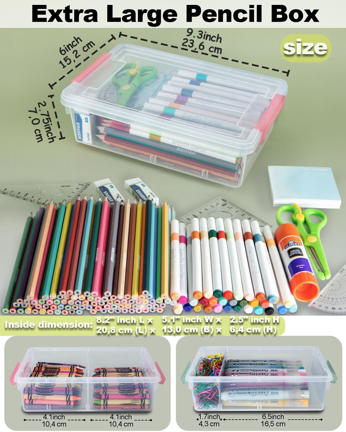 GEOPHIA 6 Pack Extra Large Pencil Box with Removable Divider, Thickened Pencil Case Bulk, Clear Crayon Marker Organizer Stackable Plastic Small Storage Containers for Pen Craft School Supplies (Multi)