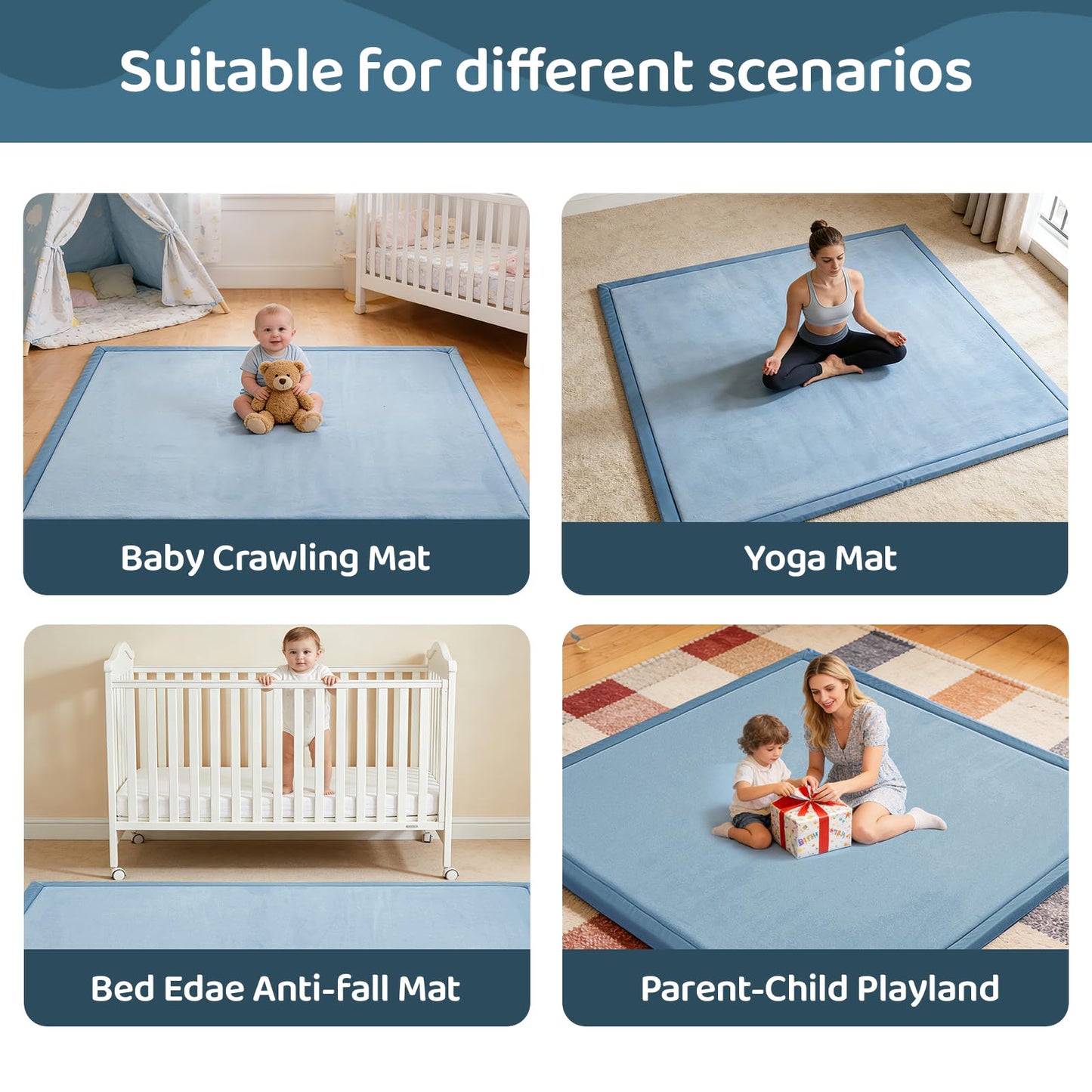 TreeBud Baby Play Mat for Floor, 1.3 Inch Thick Memory Foam Tummy Time Mat with Non Slip Backing, Soft Coral Velvet 59X71 Inch Playpen Mat Crawling Tatami for Infants Toddlers Kids, Midnight Blue