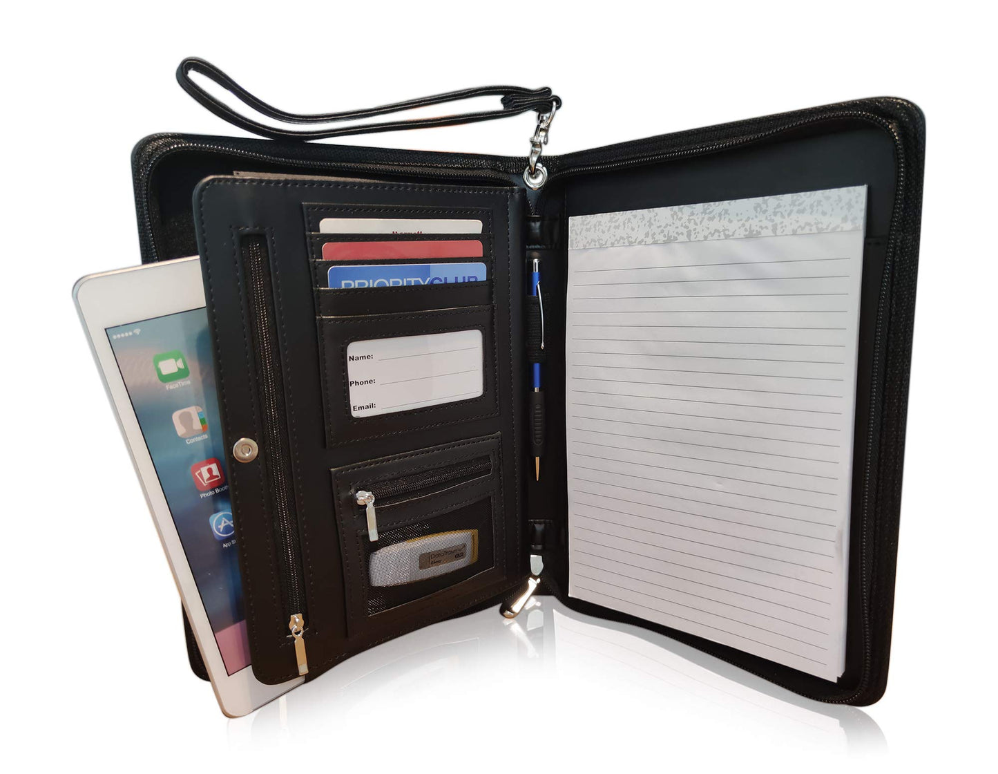 Zippered Portfolio Binder with Junior Legal 5x8 Notepad - Matt Black PU Faux Leather Business Padfolio Organizer Folder with 8 Inch Tablet Sleeve & Gift Box by Lautus Designs