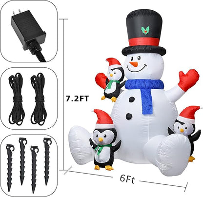 7ft Inflatable Christmas Snowman with Penguins, Rotating 7 Color Changing Led Lights and 3LED Lights Xmas Holiday Blow Up Family Party Decoration Yard Lawn Indoor Outdoor Inflatables