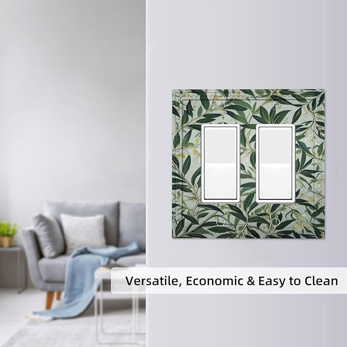Sage Eucalyptus Leaves Foliage Dual Outlet Covers Wall Plate 2 Gang Rocker Decora Decorative Switchplate Electrical Faceplate GFCI Light Switch Covers for Farmhouse Living Decor