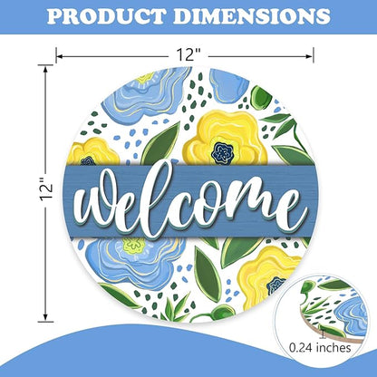 Welcome Spring Summer Flower Front Door Sign, Blue Yellow Floral Wood Door Hanger Outdoor Outside Porch Decor, Seasonal Farmhouse Wooden Wreath Indoor Wall Hanging Decoration