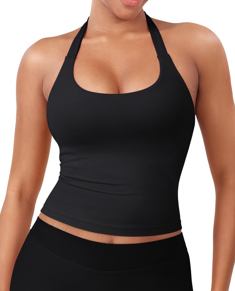 YEOREO SoftHue Women's Impact Halter Tank Top Longline Backless Scoop Neck Built-in Bra Sports Workout Gym Crop Top Black S