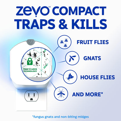 Zevo Compact Flying Insect Trap Kit with Refill Cartridges - Plug-in Indoor Bug Catcher for Gnats, House & Fruit Flies - Blue + UV Light Technology, No Odor, No Mess (1 Plug-in Device + 3 Cartridges)