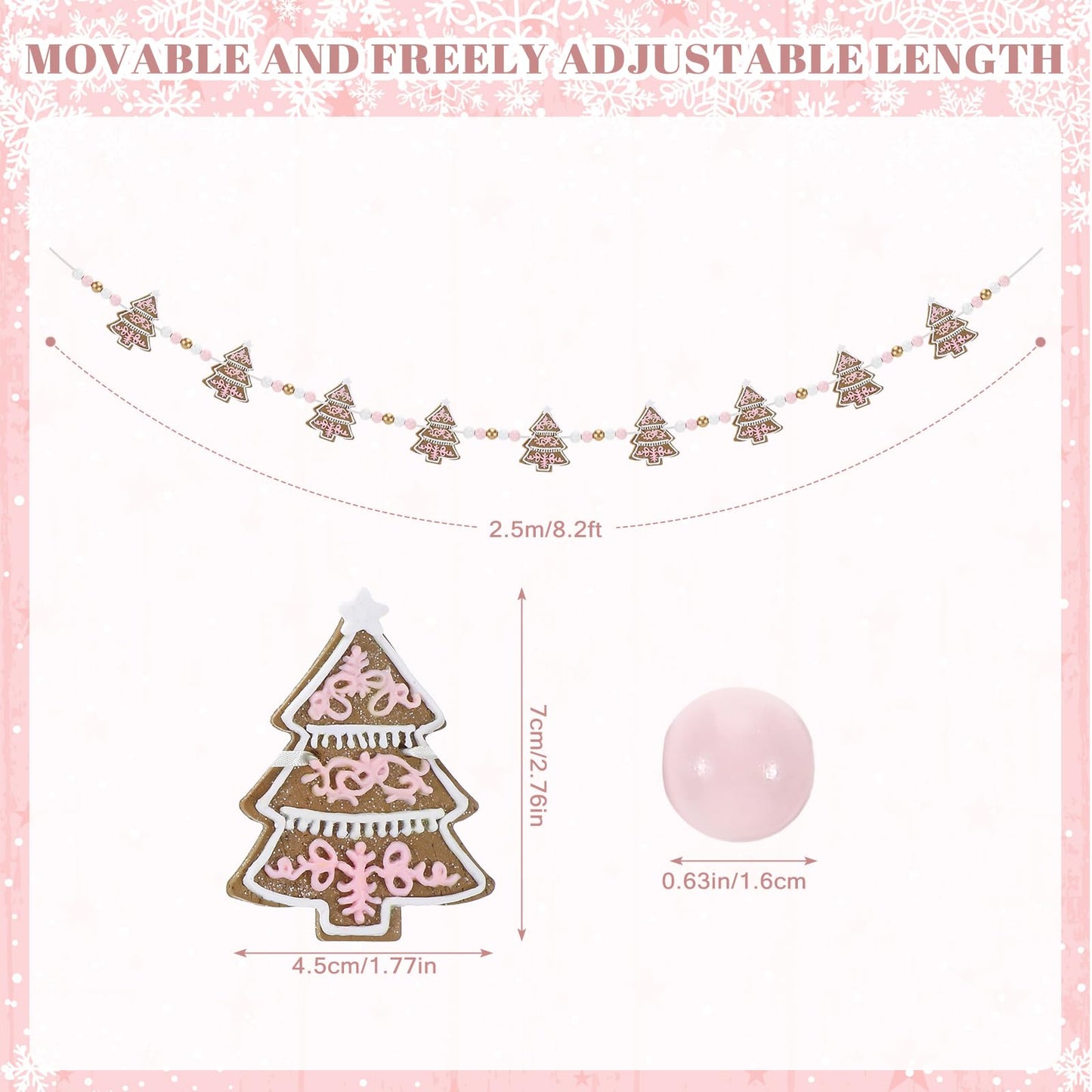 AceOrbit 8.2ft Christmas Tree Garland Pink Polymer Clay Christmas Tree Banner Farmhouse Xmas Wooden Beads Hanging Ornaments for Xmas Holiday Mantel Fireplace Window Wall Decor