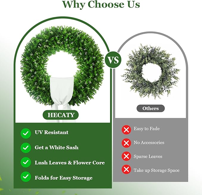 Large Artificial Boxwood Wreath 30-32'', UV Resistant 310 Leaves & 140 Flower Core, Green Wreath Ribbon for Front Door Outdoor Indoor Window Wall Hanging Decoration All Seasons(Foldable)