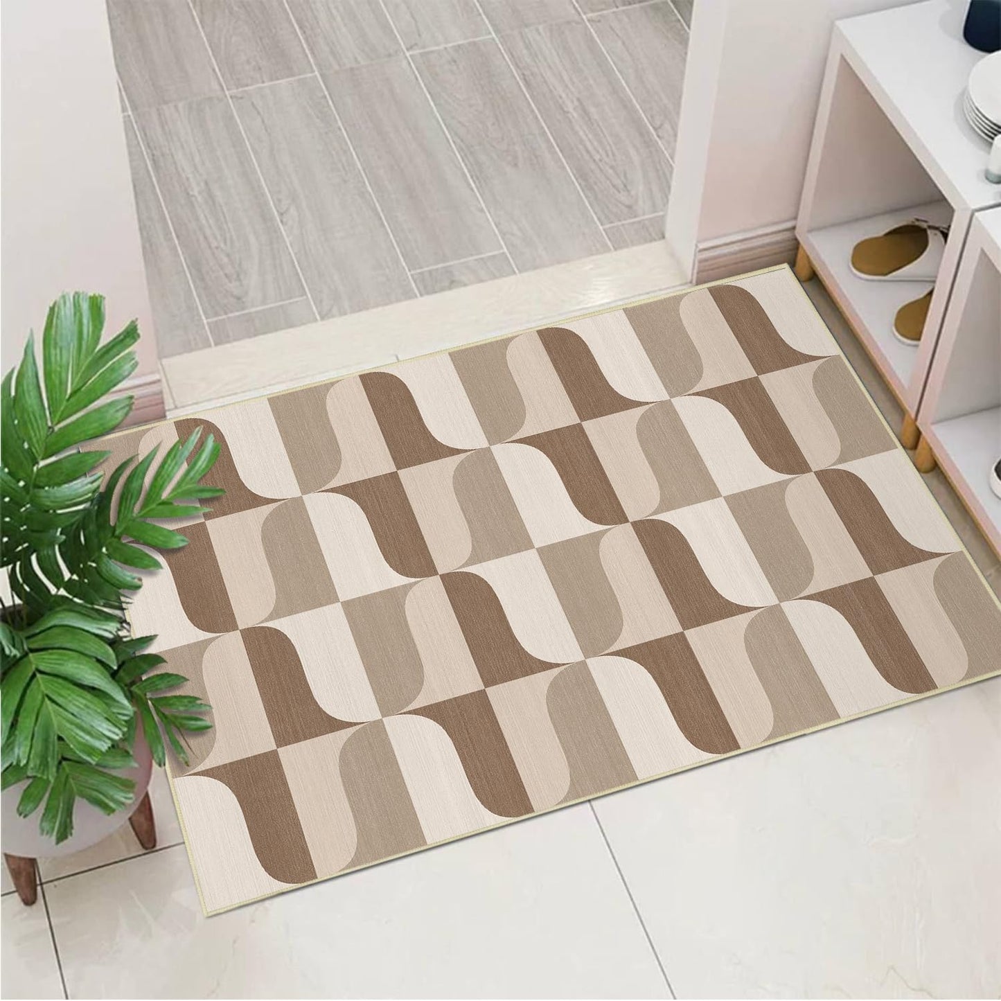 Modern Geometric 2x3 Rug for Entryway Neutral Beige Brown Abstract Mid Century Modern Area Rug Machine Washable Door Mat Small Rugs Non-Slip Printed Low-Pile Floor Carpet for Bathroom Kitchen Laundry