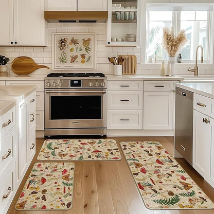 Artoid Mode Mushrooms Butterfly Spring Kitchen Mats Set of 3, Home Decor Low-Profile Kitchen Rugs for Floor - 17"x29"+17"x36"+17"x47"