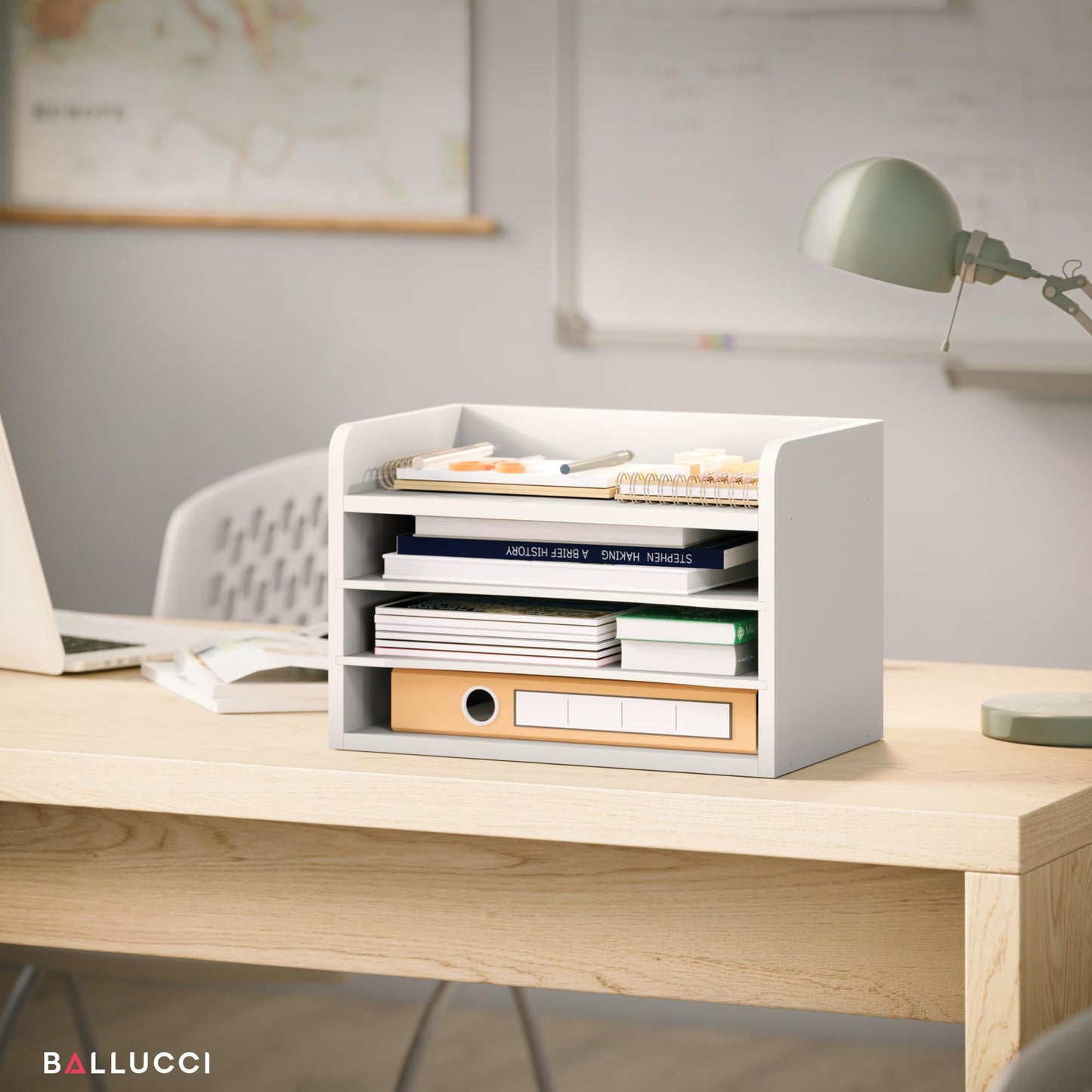 Ballucci File Organizer, 4-Tier Office Desk Organizer, Open Top Wood Paper Organizer for Classroom, Mail Sorter Paper Tray with Adjustable Storage Shelves, White