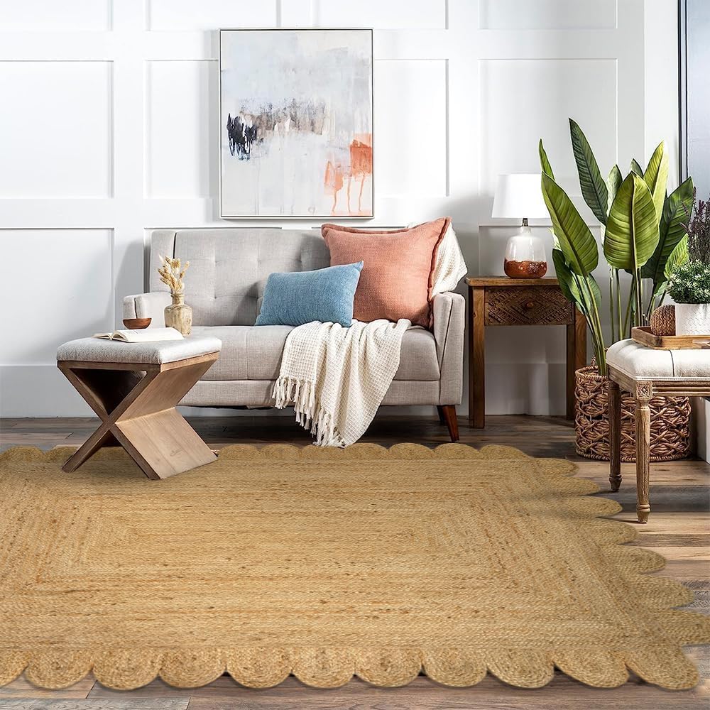 GRUHUM Scalloped Jute Area Rugs 6x9ft Rectangular Natural Fiber Handwoven Soft Braided Rustic Vintage EcoFriendly Rug- Farmhouse Indoor EcoFriendly Livingroom Bedroom Kitchen Hallways 6'x9' Ft