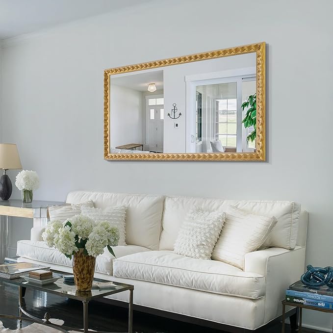 Large Gold Mirrors for Dining Room Decor, 51'' X 27'' Antique Gold Mirror with Textured Wavy Wood Frame, Rectangular Mirror for Living Room, Bathroom, Bedroom, Entryway