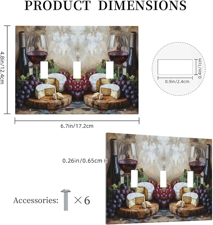 Decorative Art Light Switch Covers Wineglass & Artisanal Cheeses 3 Gang Triple Toggle Wall Plate Decorative Switch plate Electrical Faceplate for Home Decor