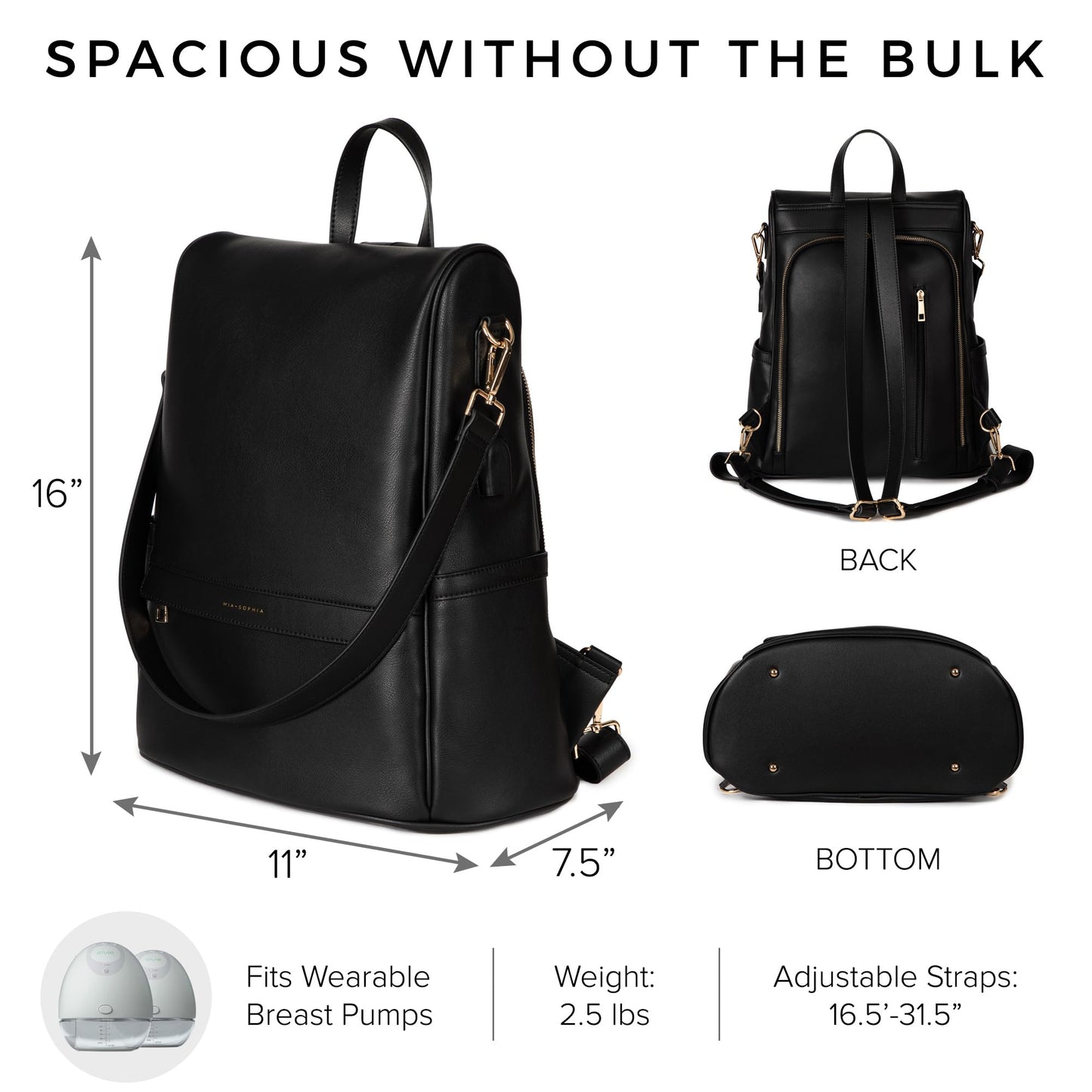MIA + SOPHIA Leather Diaper Bag Backpack with USB Charging port, Changing Pad, Stroller Straps (Black Mia)