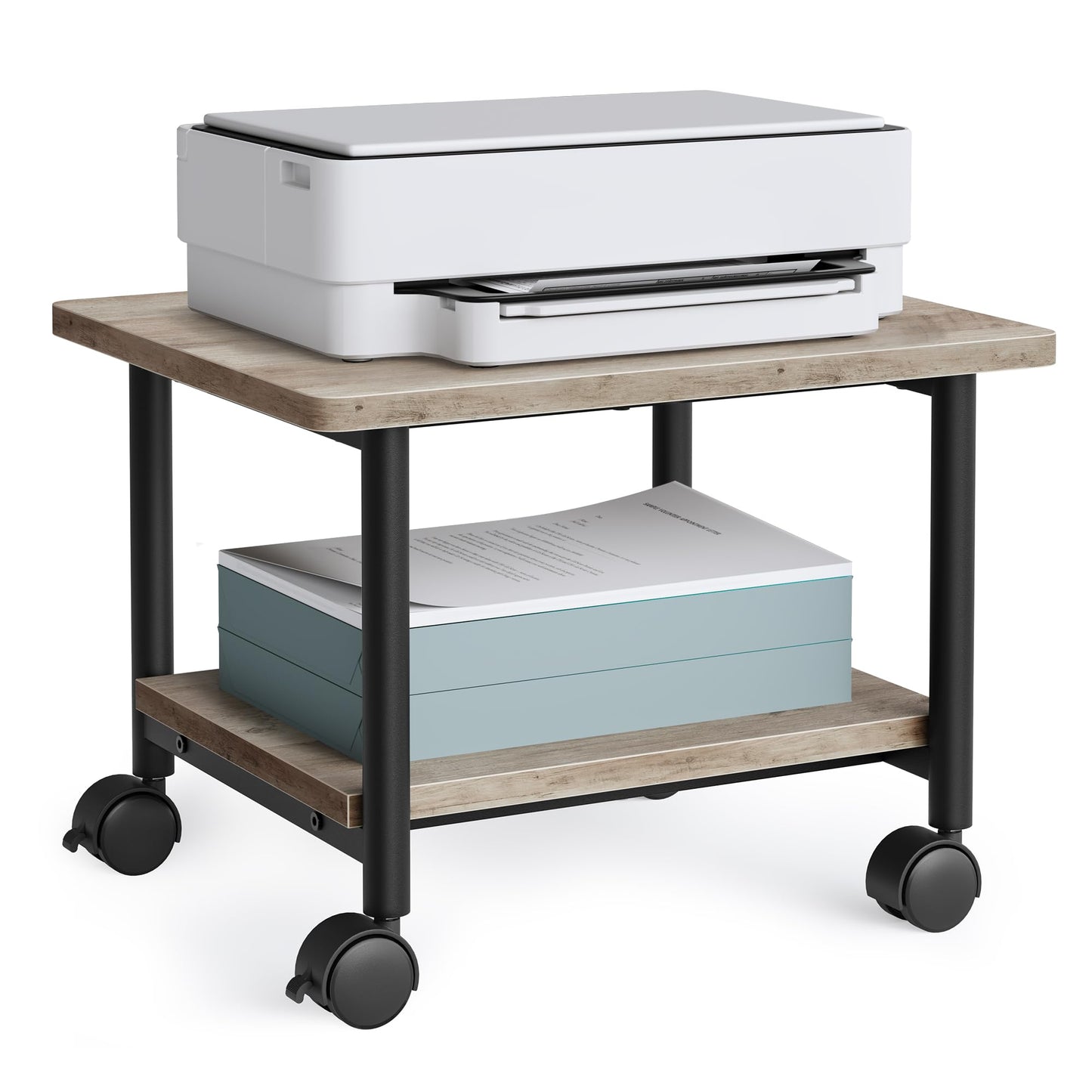 VASAGLE Heavy-Duty Printer Stand with Locking Wheels, 2-Tier Industrial Mobile Cart with Storage Shelf, Under Desk Printer Table for Home, Office, 13.4" Height, Heather Greige and Black UOPS002B02