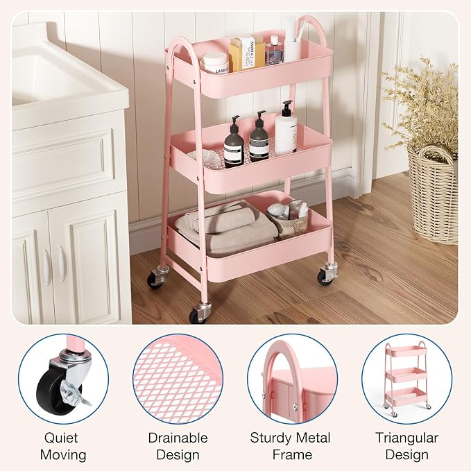 OLIXIS Metal Utility Cart, Mobile Rolling Storage Shelf with Lockable Caster Wheels, Organization for Livingroom, Bathroom & Narrow Places, 3 Tiers Pink