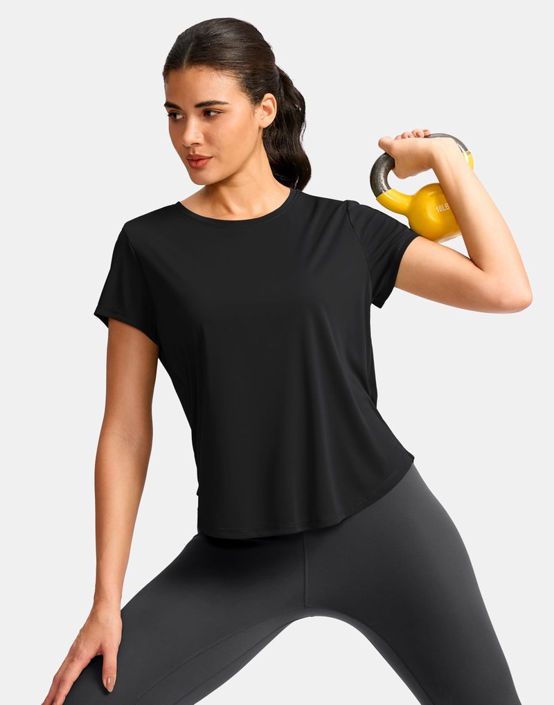 G Gradual Women's Workout Tops Short Sleeve Lightweight Athletic Yoga Running Shirts Loose Fit Quick Dry Gym T-Shirts(Black,L)