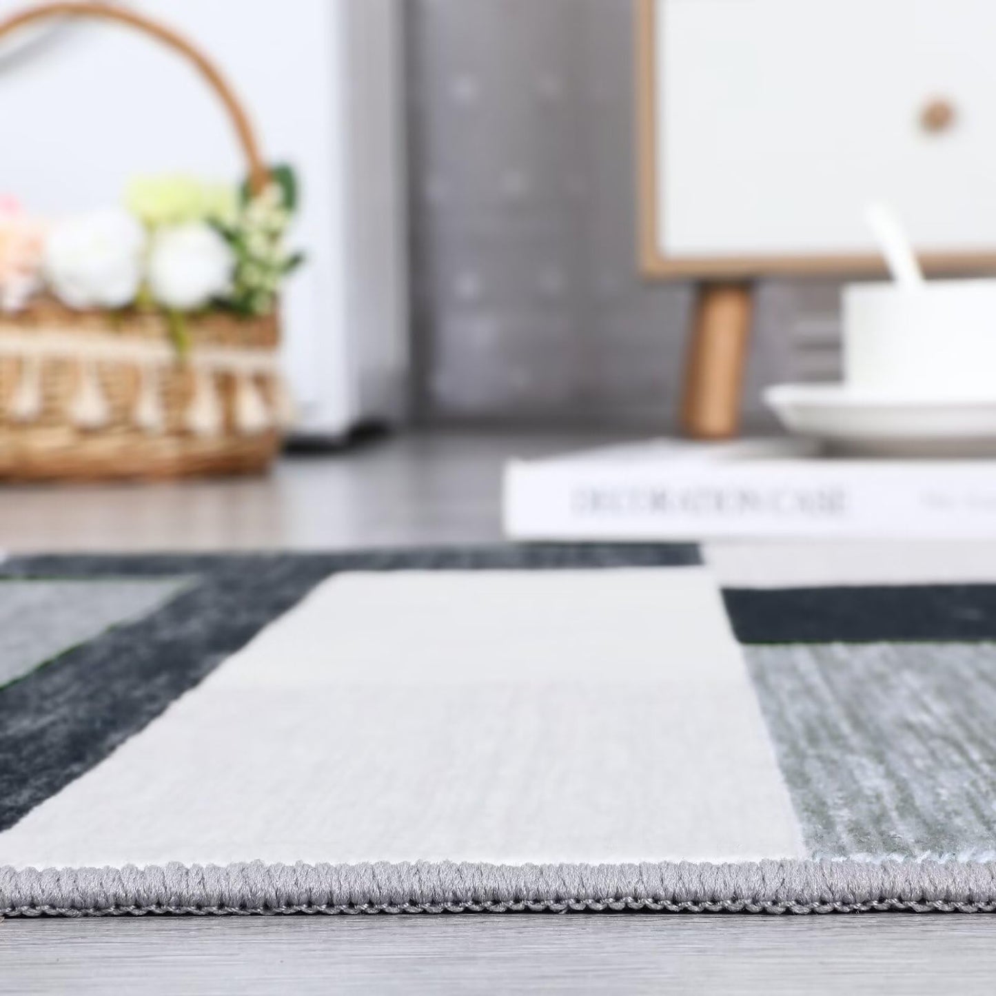 GAOMON Grey Low Pile Geometric Area Rug 9x12 FT, Faux Wool, Non Slip, Washable, Modern, Foldable for Living Room, Home Office, Bedroom
