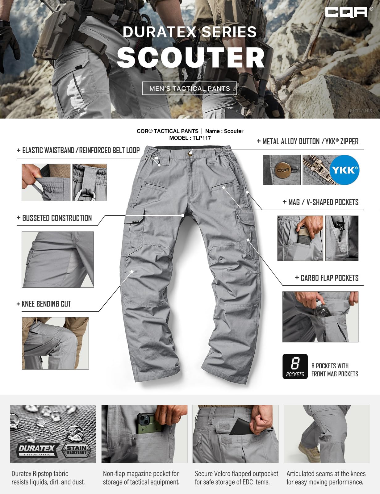 CQR Men's Tactical Pants, Water Resistant Ripstop Cargo Pants, Lightweight EDC Work Hiking Pants, Outdoor Apparel, Raider Stone, 36W x 34L