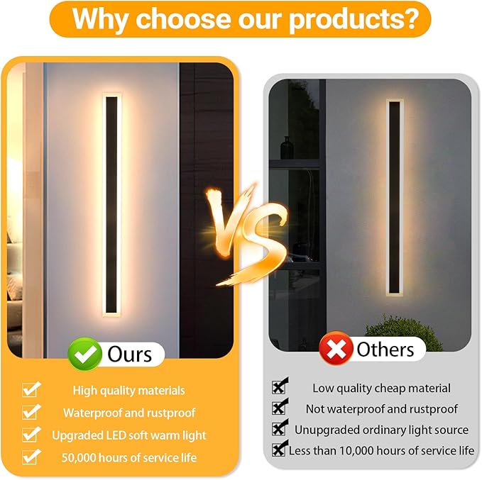 Modern Outdoor Lights, 59 Inch Outdoor Wall Light 3000K Outdoor Lighting IP65 Waterproof Black LED Long Exterior Wall Sconce for House Garage Porch Patio