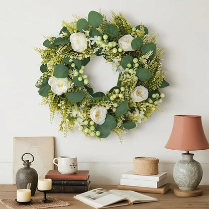 Spring Summer Wreaths for Front Door Artificial Rose Eucalyptus Berries Green Wreath Spring Summer Door Wreath for Farmhouse Wedding Festival Party Indoor Outdoor All Season Home Decor