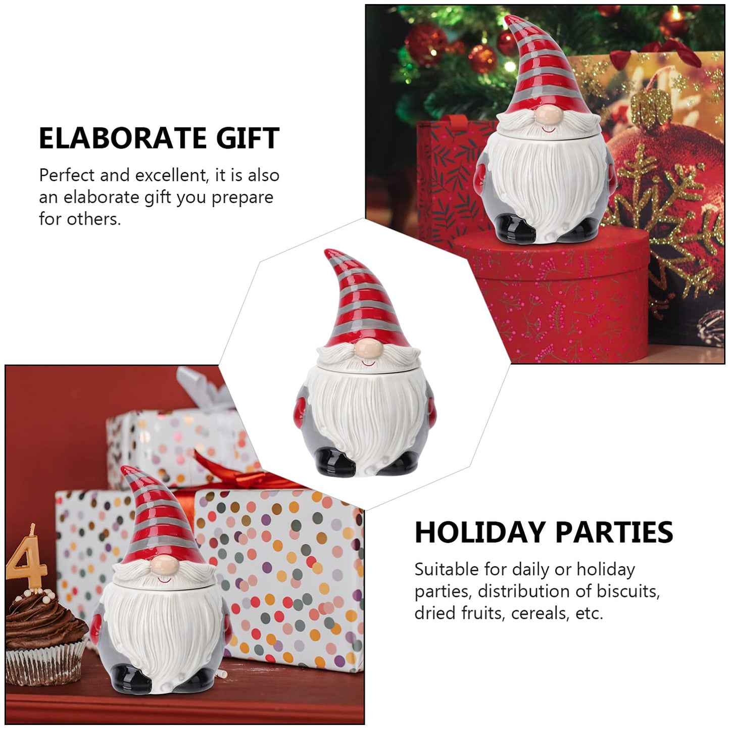 DOITOOL Ceramic Gnome Cookie Jar, Ceramic Christmas Candy Cookie Jar with Lid, for Christmas Decoration, Living Room, Centerpieces, Bedroom - 4.7 x 4.7 x 6.9 inch