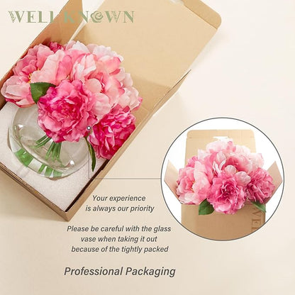 WELL KNOWN Artificial Flowers in Vase, Peonies Artificial Flowers for vase with Faux Water for Coffee Table Decor, Silk Fake Flower Arrangements Peonies Table Centerpieces (Peach Pink)
