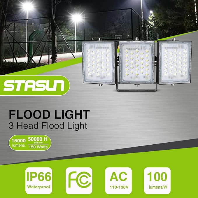STASUN 150W Dimmable LED Flood Light, Outdoor Area Lighting, IP66 Waterproof Exterior Floodlight Commercial Security Light, 6000K Daylight White, 3 Adjustable Heads for Yard, Street,Parking Lot