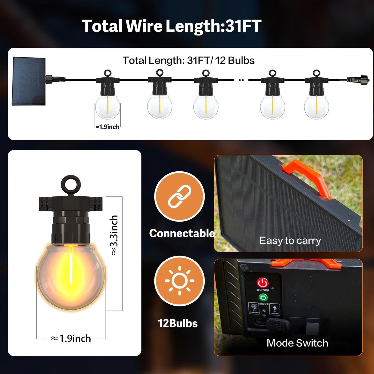 BYIZO 31FT Solar Outdoor String Lights with 12 LED Bulbs, IP65 Waterproof, Remote Control & Dual Solar-USB Charging for Patio, Garden, Backyard & Party
