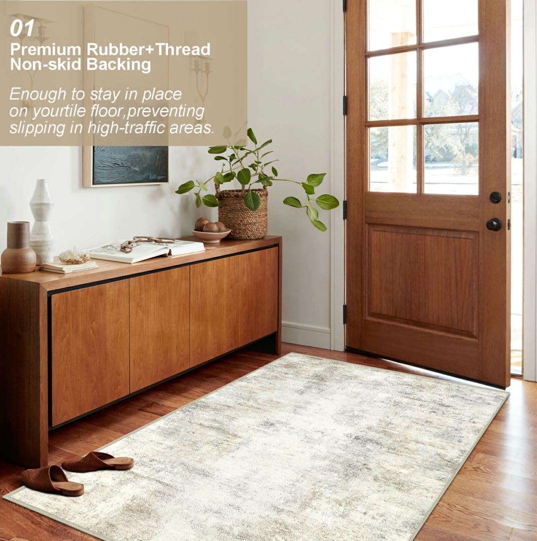 Capslpad Machine Washable Rug, Modern Abstract 3x5 Light Beige Rug, Low Pile Soft Non-Shedding Area Rug for Entryway, Bedside, Living Room, Hardwood Floor