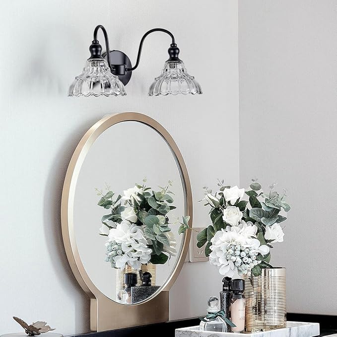 2-Light Modern Wall Sconce Black Wall Light Fixtures Made of Metal Body and Pressed Patterned Glass with Unique Design Vanity Light for Bedroom, Bathroom, Doorway, Farmhouse