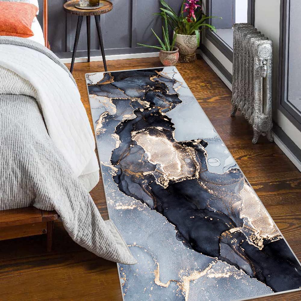 Hallway Runner Rug, Luxury Modern Abstract Marble Texture Carpet for Entryways Hallways Bedroom Laundry Room Kitchen Floor Runner (Blue, 2x6 Ft)