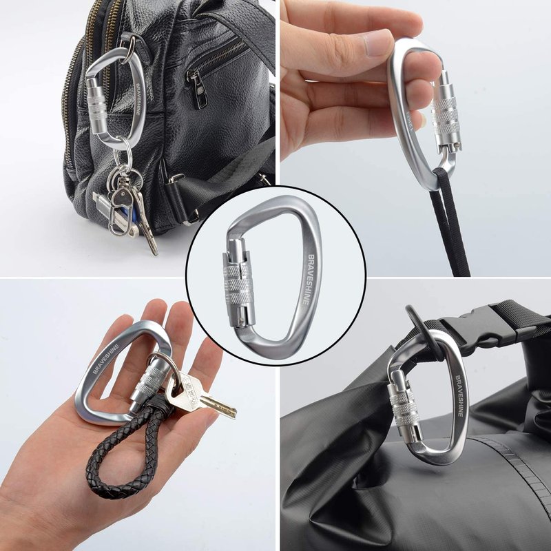 BRAVESHINE Heavy-Weight Carabiner - 2 Pack D Ring Snap Keychain Locking Caribeaner Clips - 12KN Aluminum Screws Buckle Carabiner Hook for Men Women Key Keychains, Water Bottle, Dog Leash - Silver