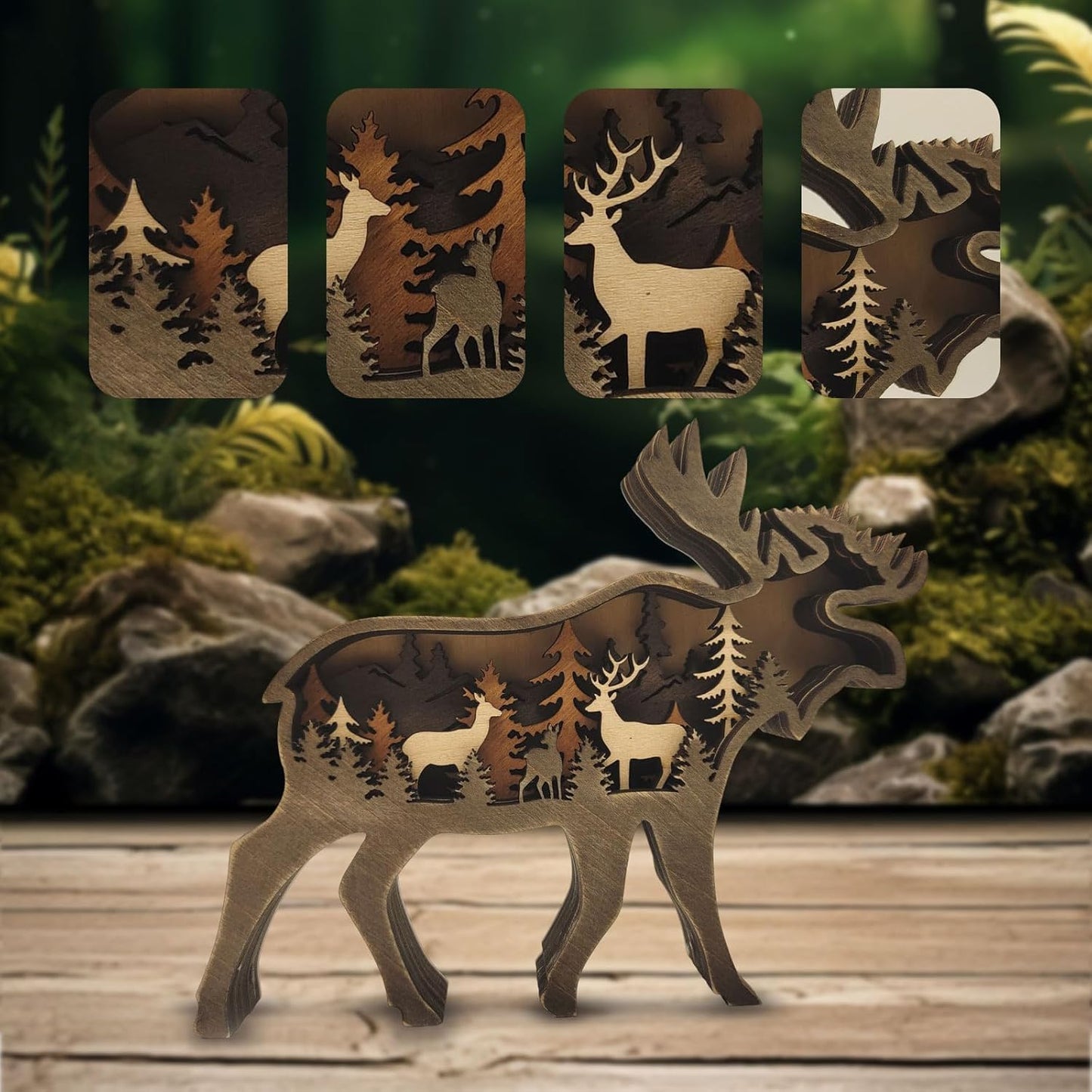 Drawelry 3D Wood Carving Animals Lamp Home Decorative, Cute Bear Family Elephant Presents Ideas Christmas Living Room Office Decor Warm LED Night Lights Gift for Friend Daughter Son Mom Dad (Moose)