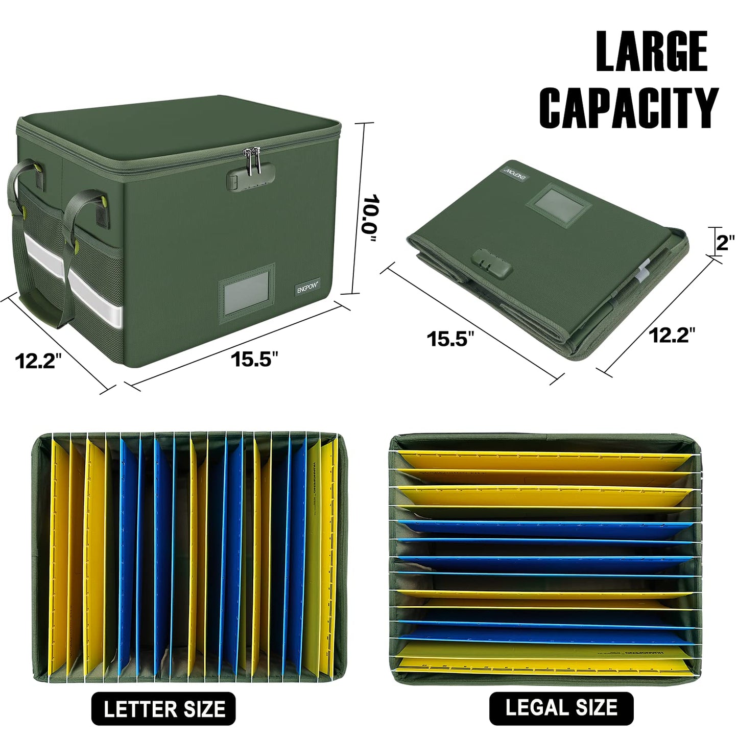 ENGPOW File Box with Lock, Fireproof Document Box with Zipper Lid, Collapsible File Storage Organizer Filing Cabinet with Handle, Portable Home Office Safe for Hanging Letter/Legal Folders, Green