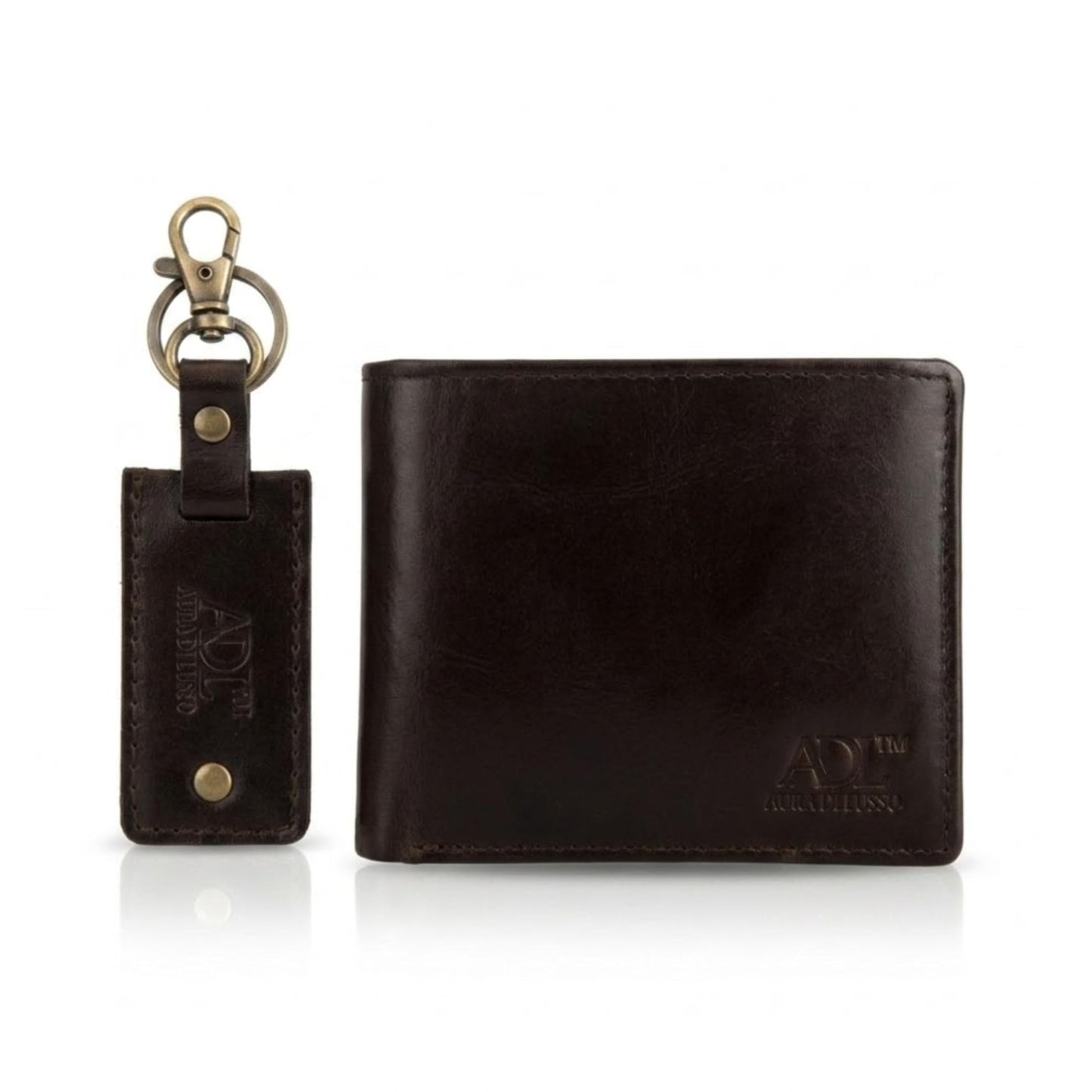 Aura Di Lusso Handmade Full Grain Premium Leather Wallet & Keychain Combo Set for Men | Stylish & Durable Gift Combo | Ideal for Everyday Use | Luxury Accessories for Men (Dark Brown)