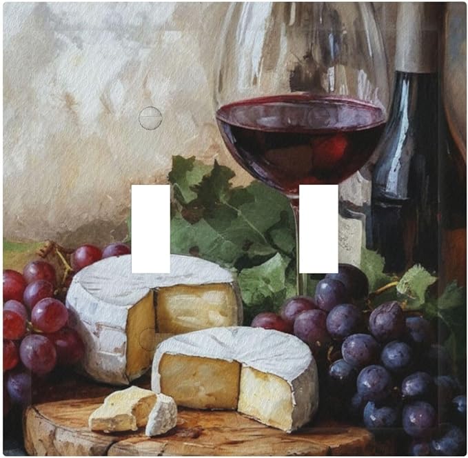 Decorative Art Light Switch Covers Wineglass & Artisanal Cheeses 2 Gang Double Toggle Wall Plate Decorative Switchcover Electrical Switchplate for Home Decor