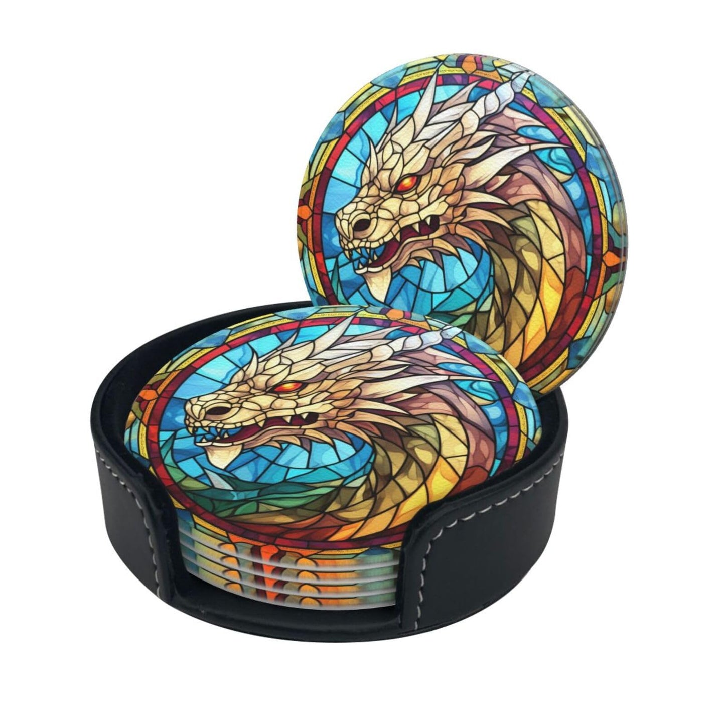 Dragon Drink Coaster Set of 6, Dragon Decor Gifts, Leather Drink Coasters with Holder, 6 Pack Cup/Bar/Drink Coasters for Table/Drinks/Coffee Protection Housewarming Gift (Dragon)