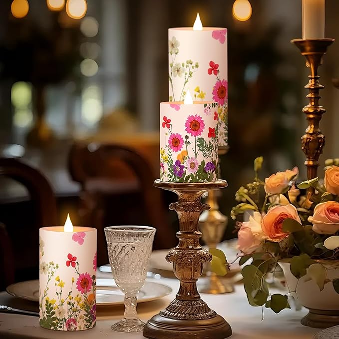 Baquler 3 Pcs Floral Wildflower Pillar Candles Flameless LED Candle Battery Operated Pressed Flower Flickering Candlestick for Wedding Summer Home Table Centerpiece Nature Inspired Party Decoration
