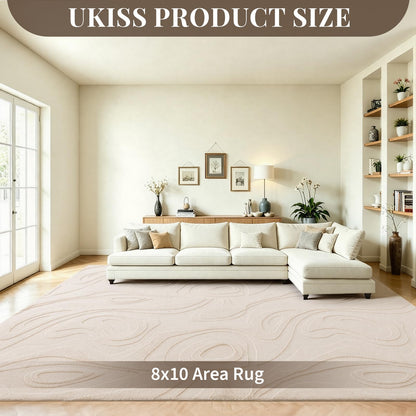 UKISS Washable Rugs 8'x10' Area Rugs for Living Room ，Ultra Soft Faux Rabbit Fur Embossed Rug for Bedroom, Non Slip&Non-Shedding Low Pile Large Carpets for Home Decor Beige