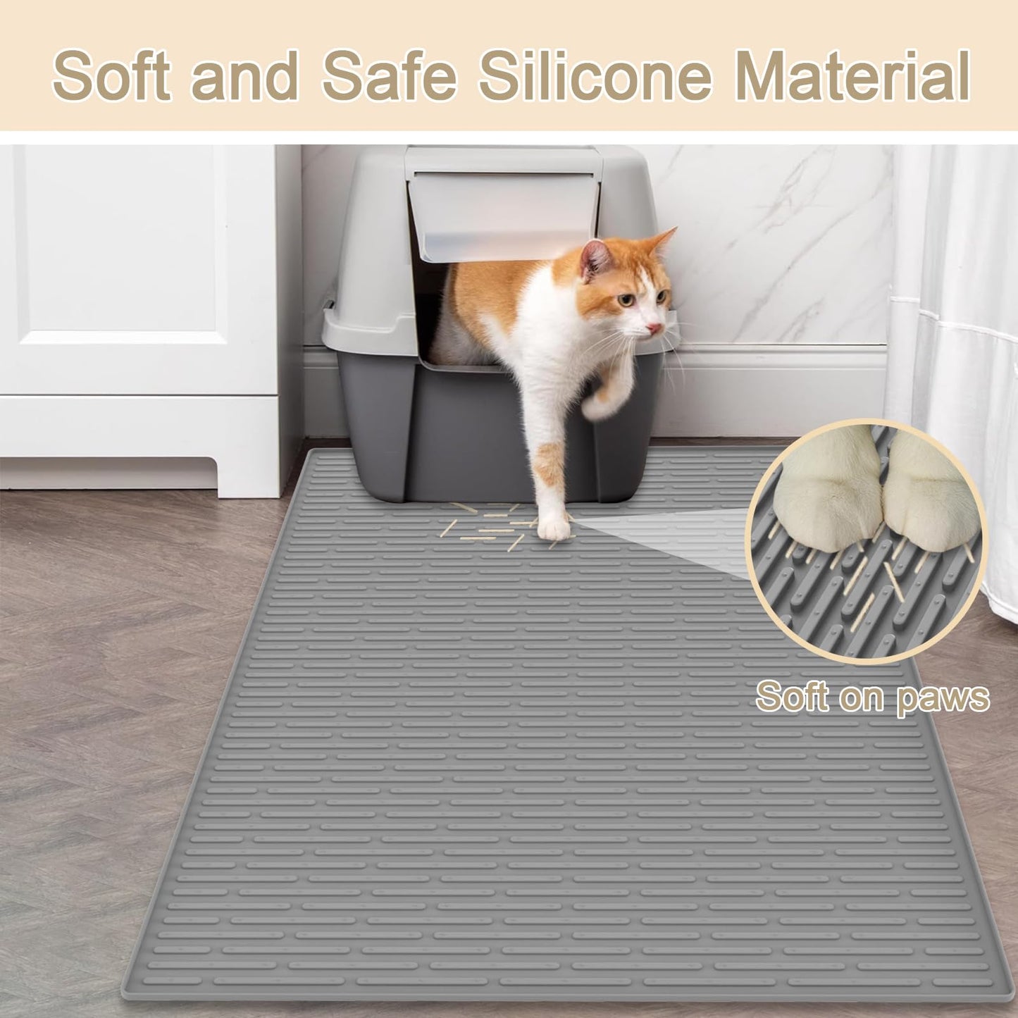 XXL Silicone Cat Litter Mat, 40"x30"(100cmx75cm) Extra Litter Box Mat for Floors, Non-Slip Litter Trapping Mat to Prevent Tracking, Easy to Clean Kitty Litter Catcher Mat, Durable, Black