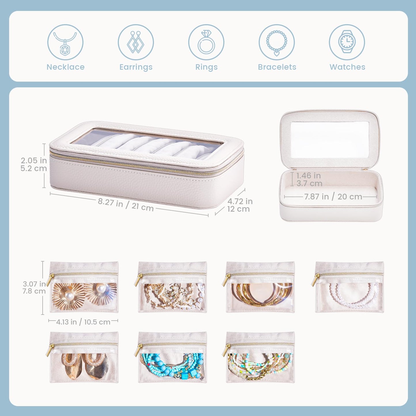 Lolalet 8 in 1 Travel Jewelry Case with Velvet Pouches, Clear Window Travel Jewelry Organizer Bags for Earrings, Bracelets, Necklaces and Rings, Compact Jewelry Storage for Women Girls -Beige, 7PCS