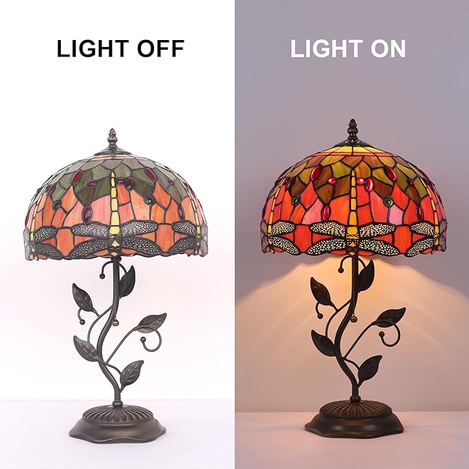 Tiffany Style Table Lamp Handmade Stained Glass Bedside Lamp 12x12x20 inch Metal Leaf Base,Art Glass Lamp for Living Room, Bedroom, Office Decor(Yellow Dragonfly)